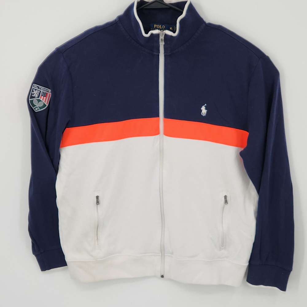 Ralph Lauren White and Blue Performance Jacket with Stand-Up Collar